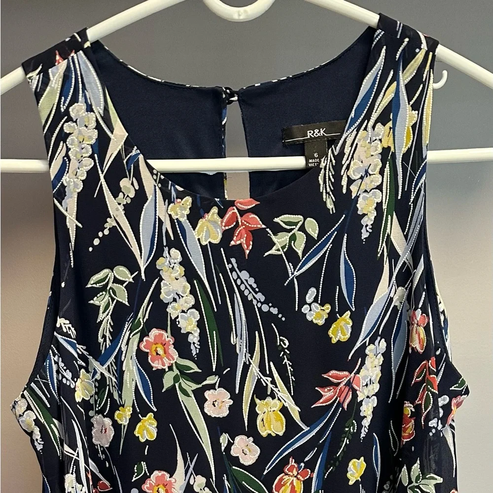 R&K size MEDIUM Sleeveless Floral Midi Dress - Navy and Multicolor